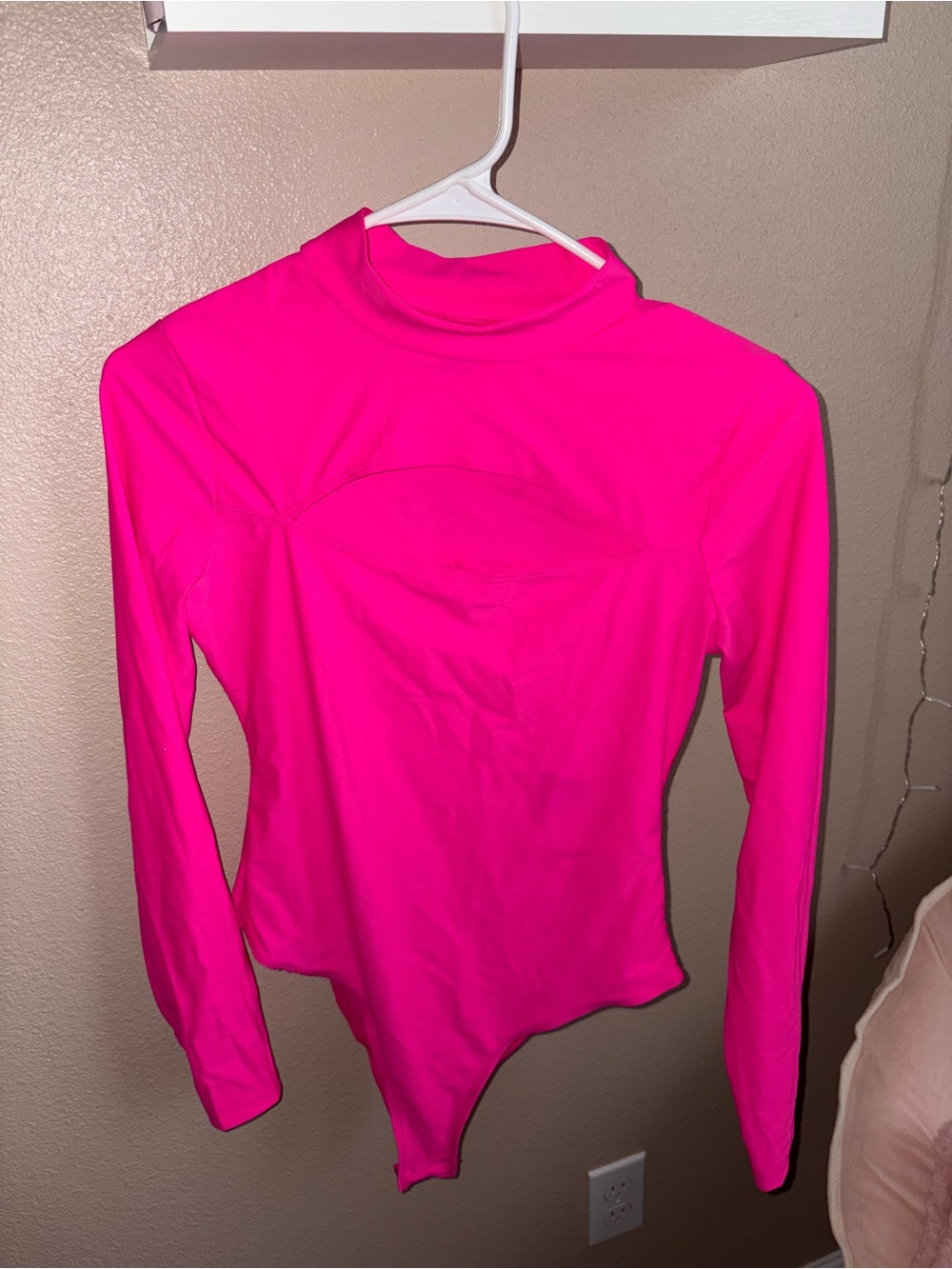 Long Sleeve Mock Neck Spandex Bodysuit in Hot Pink